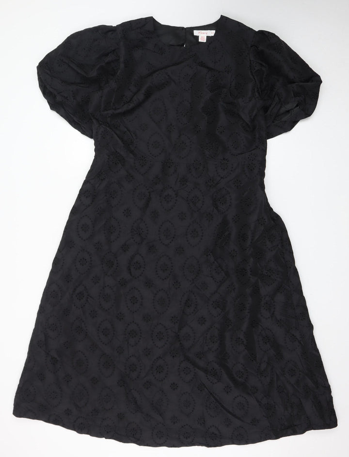 Finery Women Black A-Line Embroidered Puff Sleeve Dress UK 18