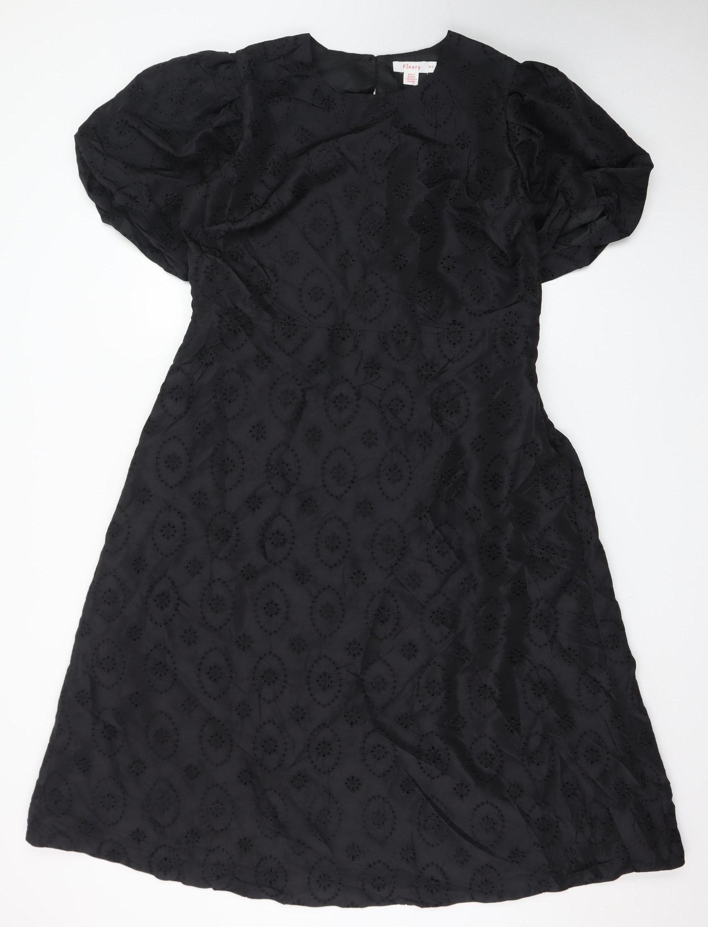 Finery Women Black A-Line Embroidered Puff Sleeve Dress UK 18