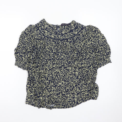 Marks and Spencer Women's Blue Floral Short Sleeve High Neck Blouse Size 10