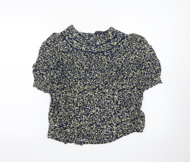 Marks and Spencer Women's Blue Floral Short Sleeve High Neck Blouse Size 10