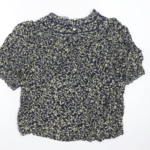 Marks and Spencer Women's Blue Floral Short Sleeve High Neck Blouse Size 10