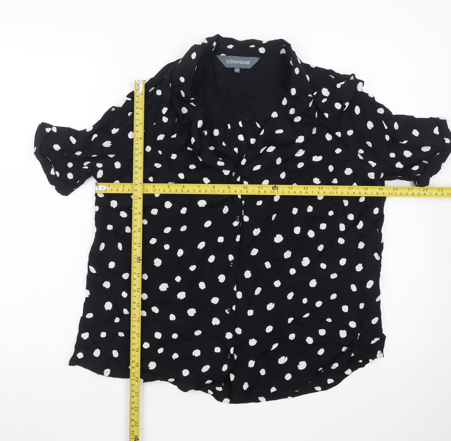 Sosandar Women’s Black Polka Dot Short Sleeve Collared Blouse Size 14
