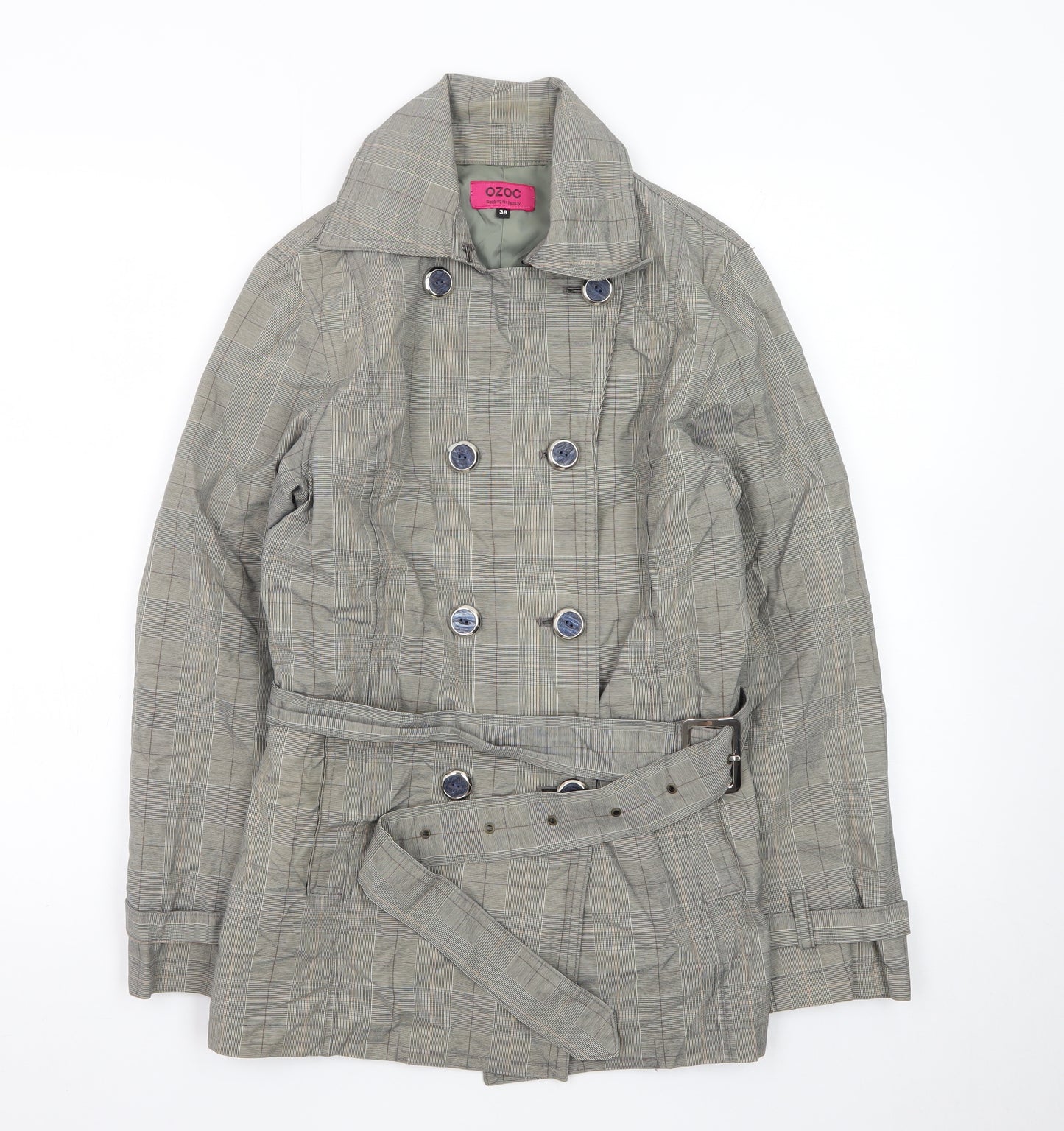 OZOC Women's Grey Checked Belted Trench Coat Size 10