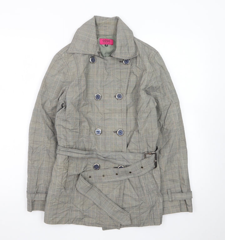 OZOC Women's Grey Checked Belted Trench Coat Size 10