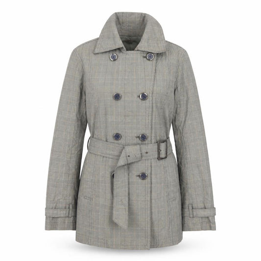 Front view of OZOC Women's Grey Checked Belted Trench Coat, size 10