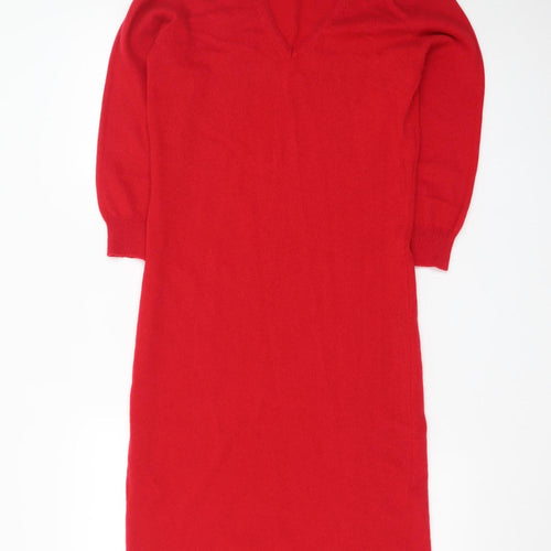 Denner Cashmere Women's Red Small V-Neck Bodycon Knit Dress