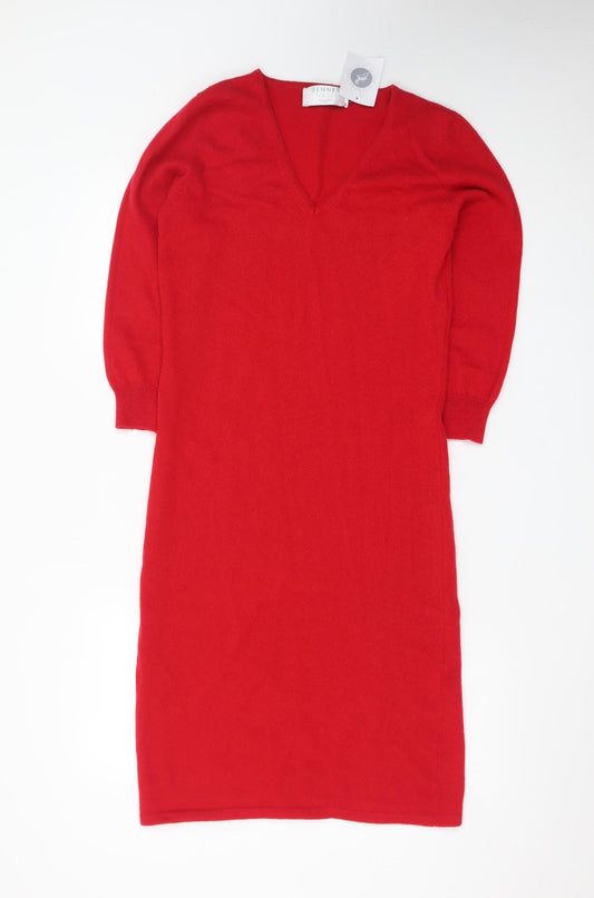 Denner Cashmere Women's Red Small V-Neck Bodycon Knit Dress
