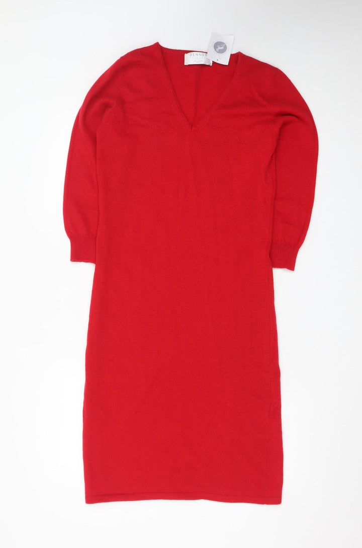 Denner Cashmere Women's Red Small V-Neck Bodycon Knit Dress