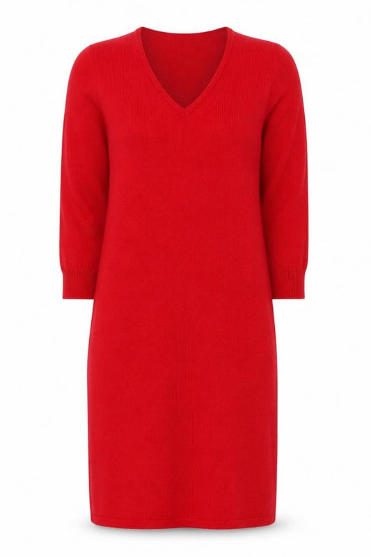 Denner Cashmere Women's Red Small V-Neck Bodycon Knit Dress