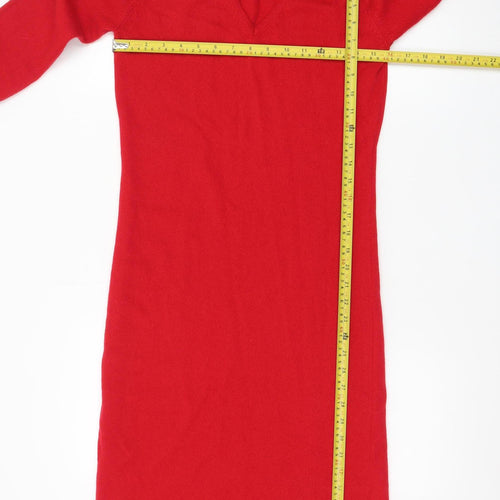 Denner Cashmere Women's Red Small V-Neck Bodycon Knit Dress