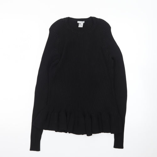 H&M Women Black Ribbed Ruffle Hem Pullover Jumper Size 14