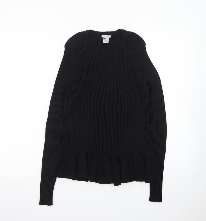 H&M Women Black Ribbed Ruffle Hem Pullover Jumper Size 14
