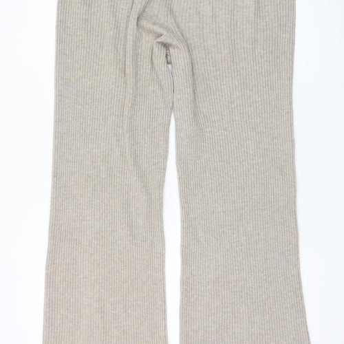H&M Women’s Beige Rib Knit Wide Leg Trousers Size L Wool Blend