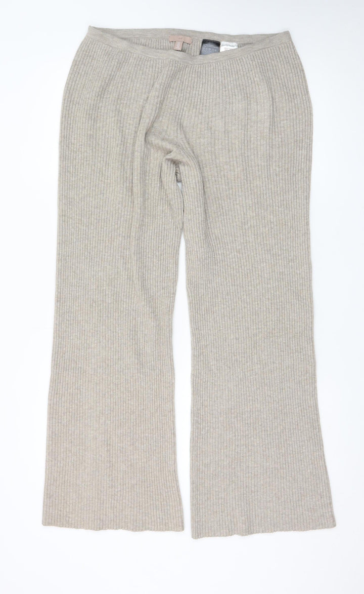 H&M Women’s Beige Rib Knit Wide Leg Trousers Size L Wool Blend
