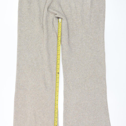 H&M Women’s Beige Rib Knit Wide Leg Trousers Size L Wool Blend