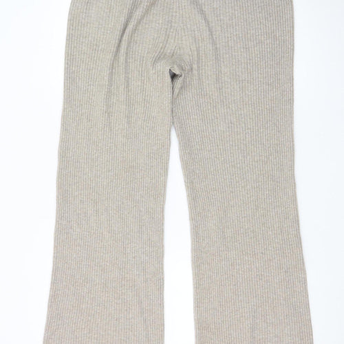 H&M Women’s Beige Rib Knit Wide Leg Trousers Size L Wool Blend