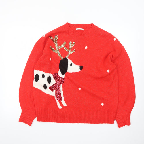 Tu Womens Red Dog Christmas Jumper Size 14 Crew Neck Pullover