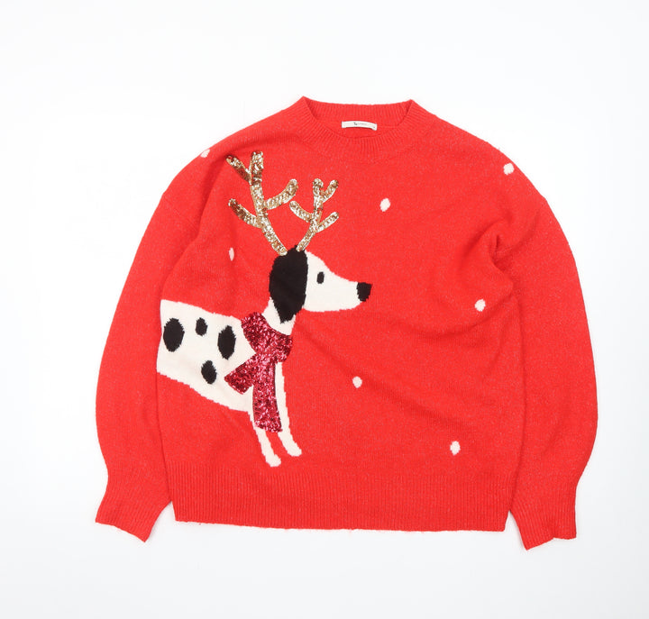 Tu Womens Red Dog Christmas Jumper Size 14 Crew Neck Pullover