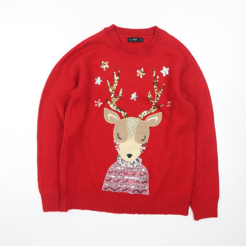 F&F Women's Red Christmas Reindeer Sequin Jumper Size S
