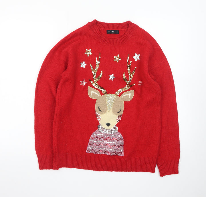 F&F Women's Red Christmas Reindeer Sequin Jumper Size S