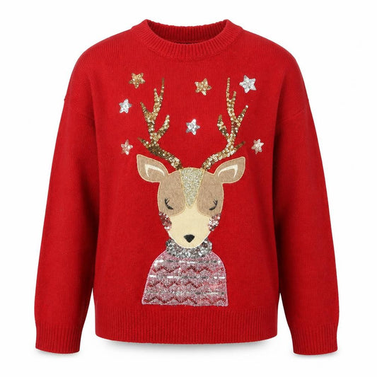 Front view of F&F Women's Red Christmas Reindeer Sequin Jumper, size S