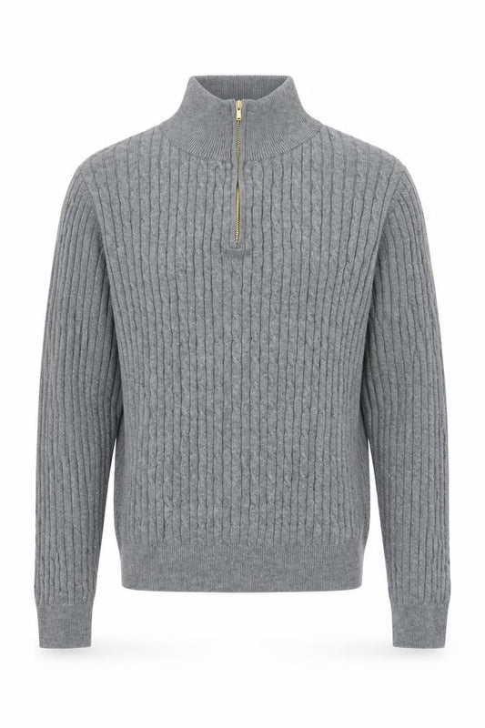 Front view of Jones New York Men's Grey Large 1/4 Zip Cable-Knit Cotton Jumper