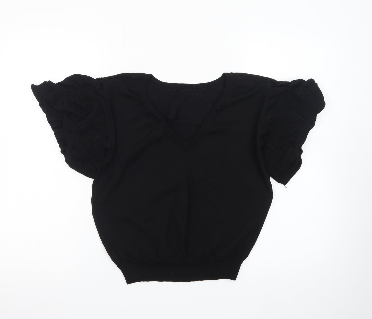 Next Women Black Size 12 V-Neck Ruffle Sleeve Knit Jumper