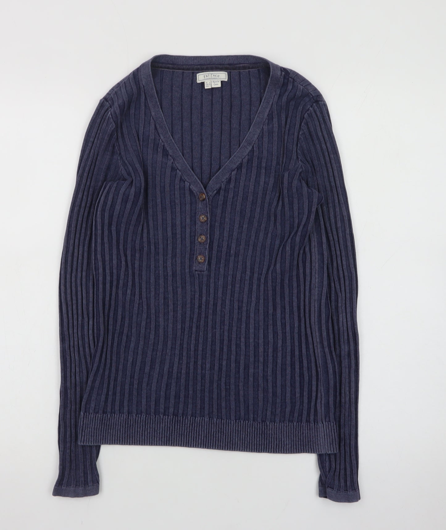 Fat Face Women's Blue Henley Knit Jumper Size 8 Long Sleeve Cotton