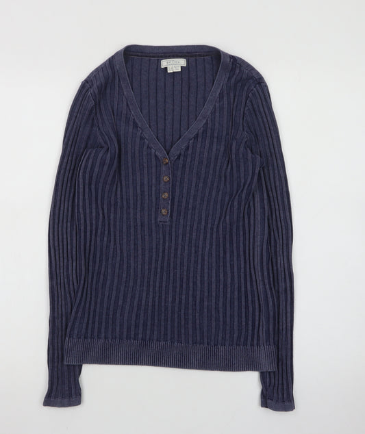 Fat Face Women's Blue Henley Knit Jumper Size 8 Long Sleeve Cotton