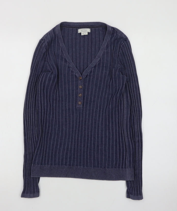 Fat Face Women's Blue Henley Knit Jumper Size 8 Long Sleeve Cotton