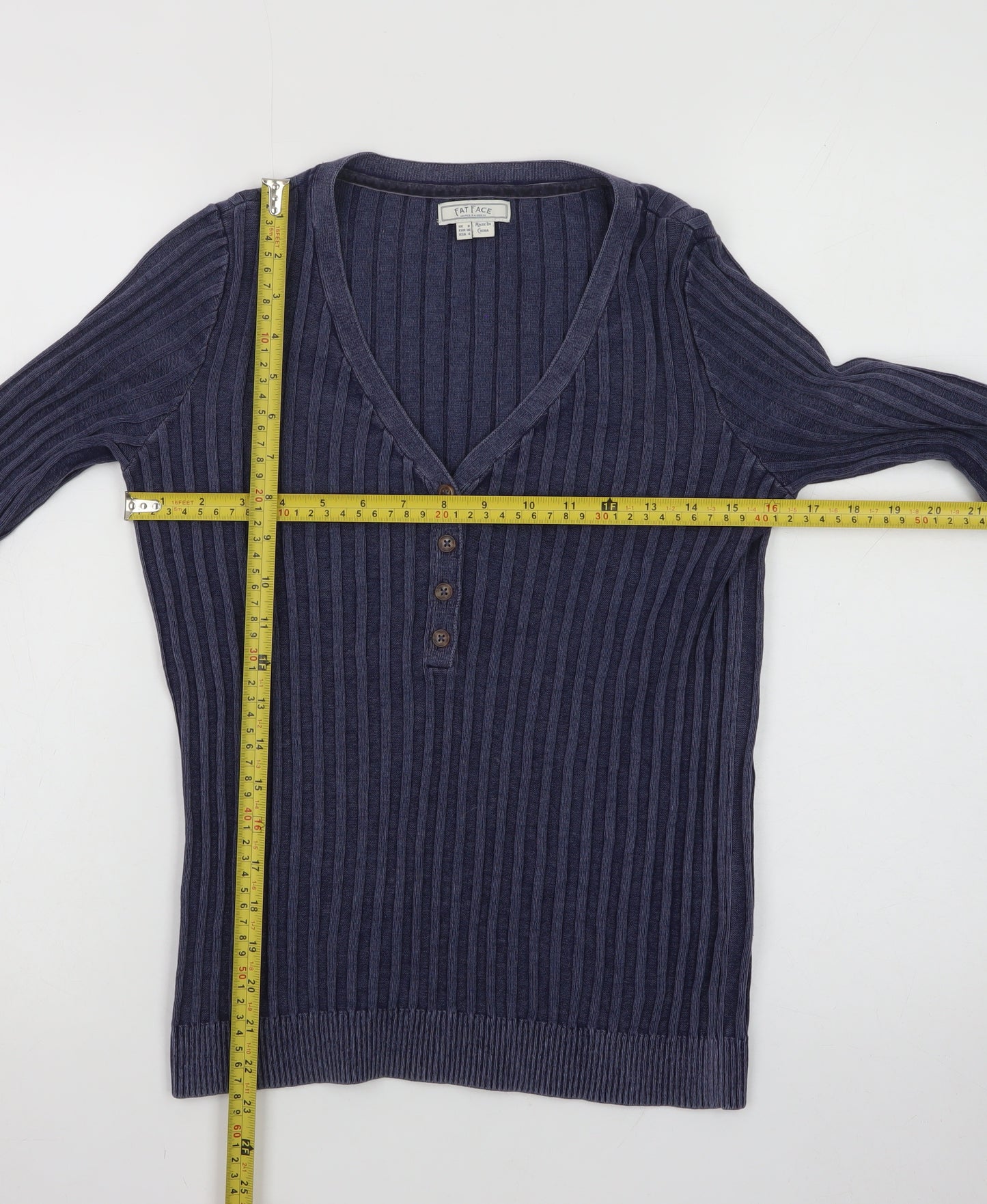 Fat Face Women's Blue Henley Knit Jumper Size 8 Long Sleeve Cotton