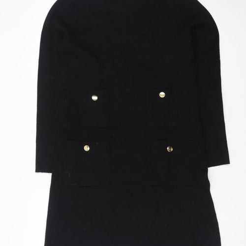 Zara Women Black Knit Shift Dress Size S Long Sleeve Pockets