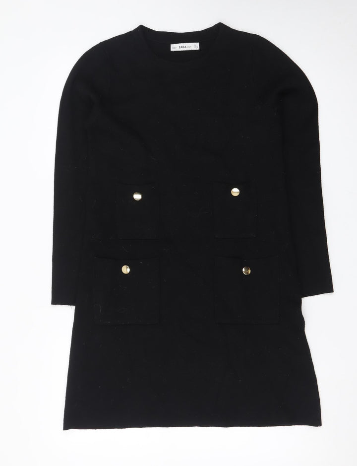 Zara Women Black Knit Shift Dress Size S Long Sleeve Pockets
