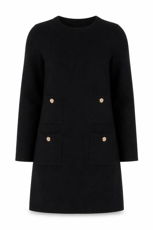 Front view of Zara Women Black Knit Shift Dress, size S, Long Sleeve Pockets
