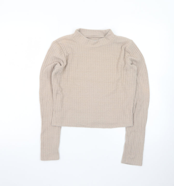 Hollister Women Beige Mock Neck Slim Knit Jumper Medium