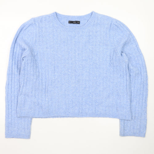 MNG Women's Blue Cable-Knit Wool Blend Crew Neck Jumper Size 16