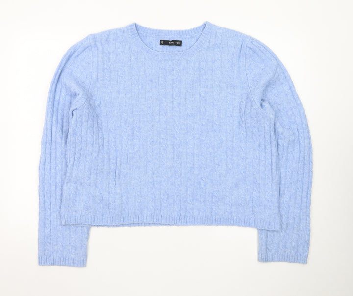 MNG Women's Blue Cable-Knit Wool Blend Crew Neck Jumper Size 16