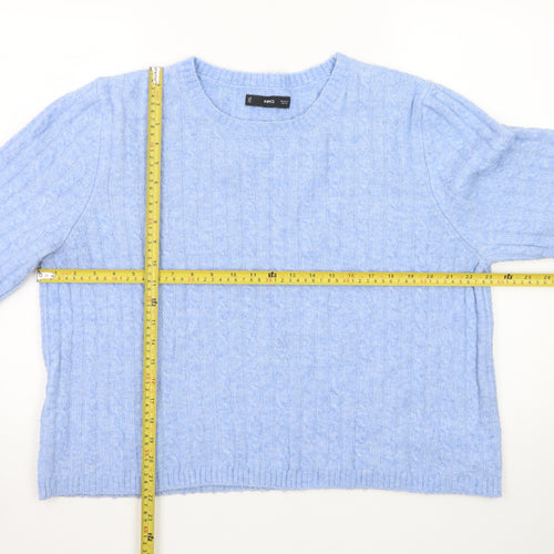 MNG Women's Blue Cable-Knit Wool Blend Crew Neck Jumper Size 16