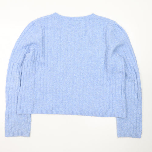 MNG Women's Blue Cable-Knit Wool Blend Crew Neck Jumper Size 16