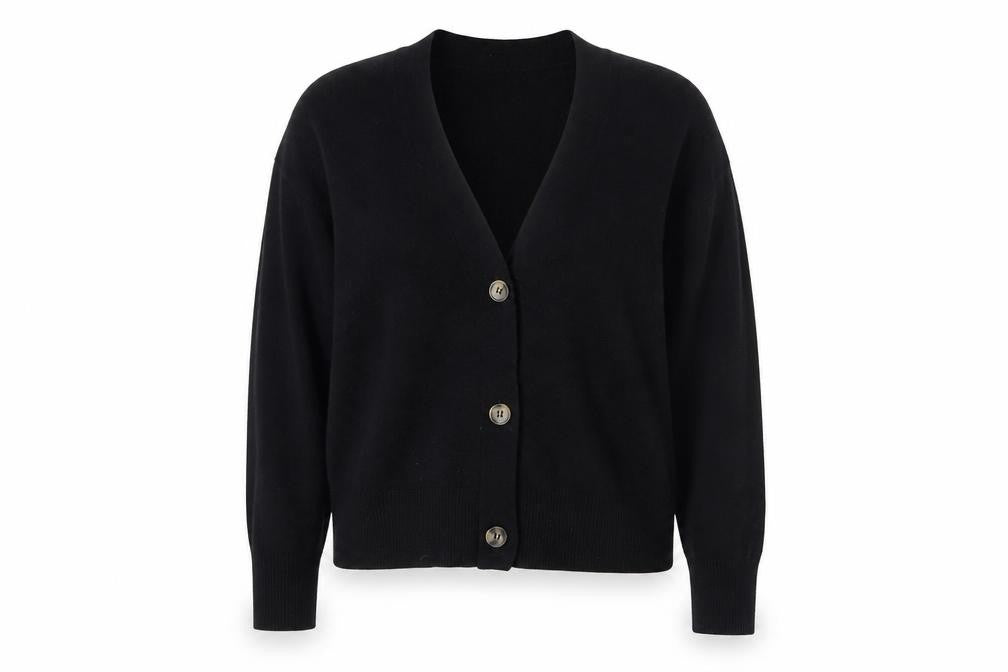 Front view of Whistles Women's Black Cotton Knit Cardigan, size S