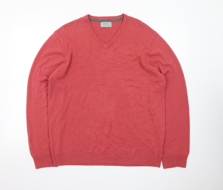 Marks and Spencer Mens Red Wool Cashmere V-Neck Jumper XL Regular Fit