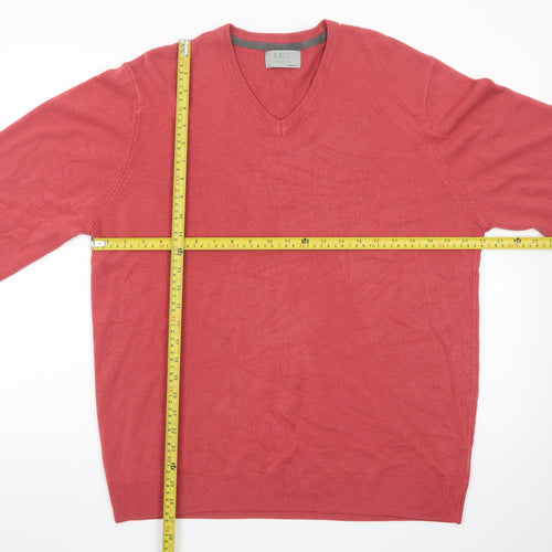 Marks and Spencer Mens Red Wool Cashmere V-Neck Jumper XL Regular Fit