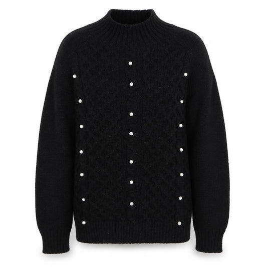 Front view of Lipsy Teens Black Mock Neck Pearl Beaded Cable Knit Jumper 11-12 YRS