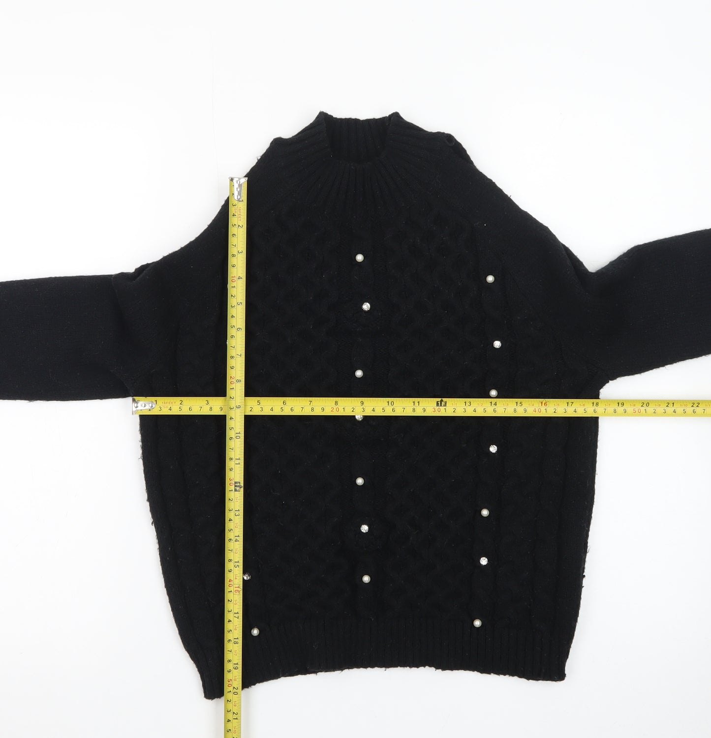 Lipsy Teens Black Mock Neck Pearl Beaded Cable Knit Jumper 11-12 YRS