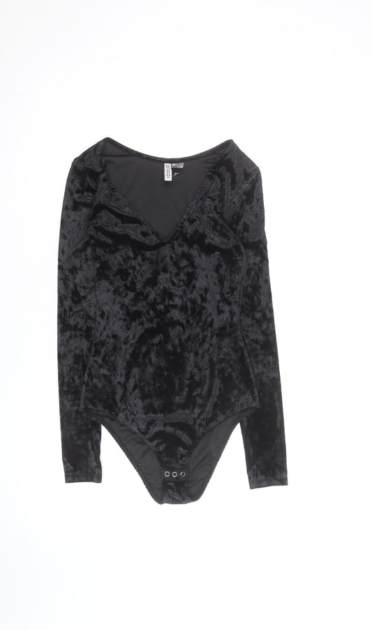 H&M Divided Womens Black Velvet Long Sleeve Bodysuit Size 8