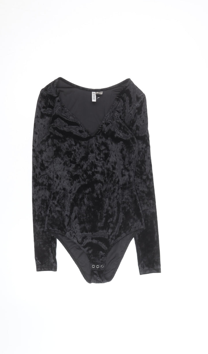 H&M Divided Womens Black Velvet Long Sleeve Bodysuit Size 8