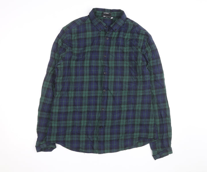 ASOS DESIGN Men's Green Plaid Cotton Flannel Button-Up Shirt XL