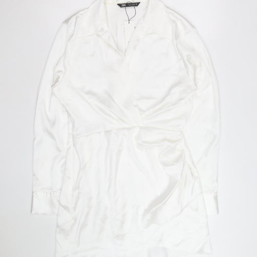 Zara Women White Satin Wrap Blouse Long Sleeve L