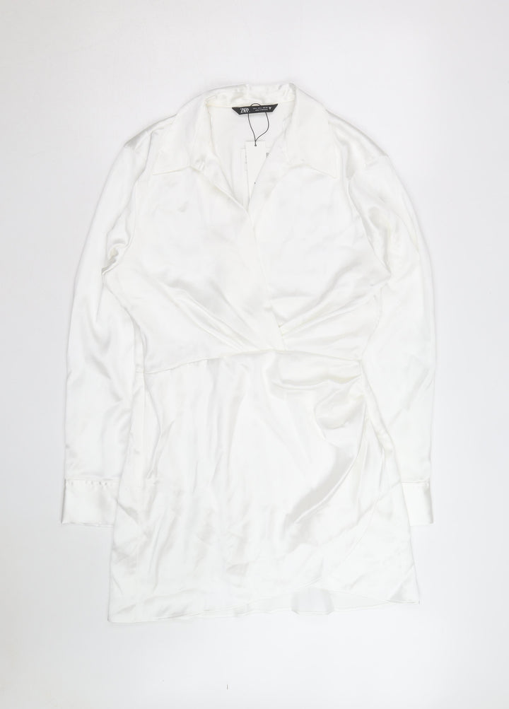 Zara Women White Satin Wrap Blouse Long Sleeve L