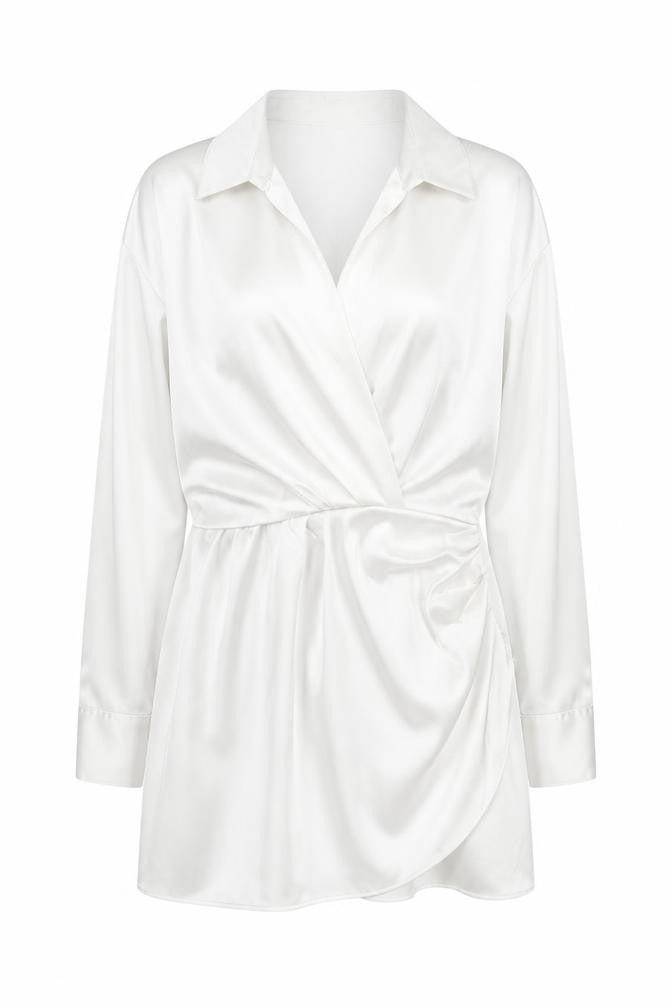Front view of Zara Women White Satin Wrap Blouse Long Sleeve L